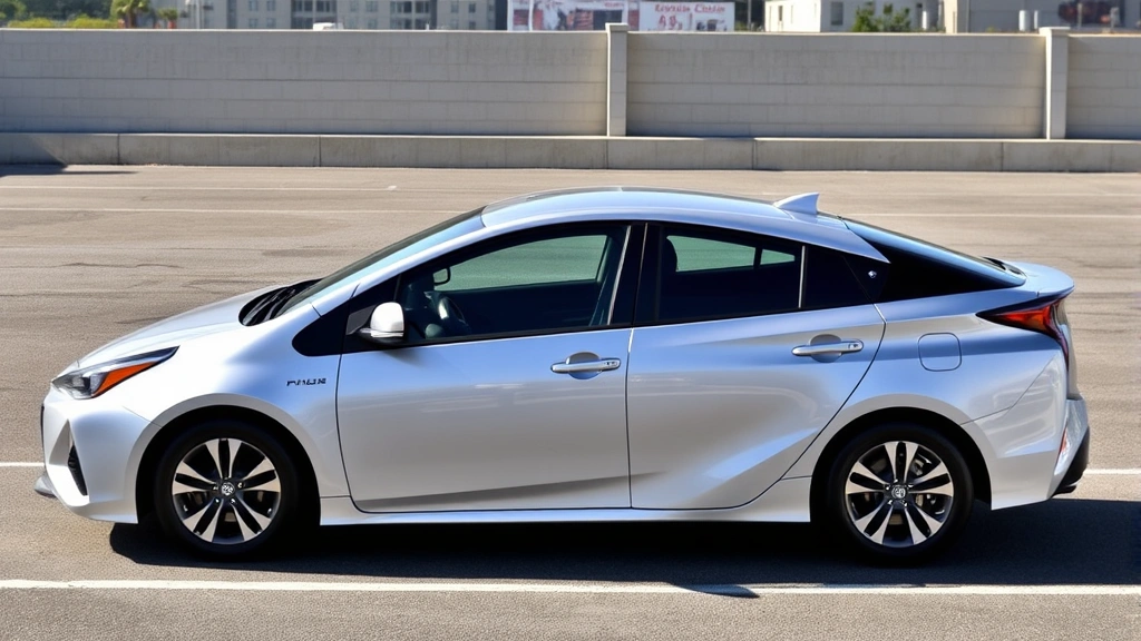 Modern Toyota Prius hybrid sedan parked in sunlight, sleek silver design, showing aerodynamic profile and eco-conscious styling, empty urban parking lot background