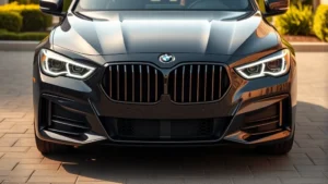 Sleek luxury sedan front three-quarter view, premium paint finish, modern LED headlights, professional automotive photography, daylight outdoor setting