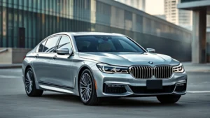 Sleek BMW 7 Series luxury sedan photographed from three-quarter front angle, silver metallic paint, modern urban background, professional automotive photography, daytime lighting