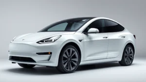 Tesla Model Y white exterior profile view, sleek aerodynamic design, modern LED headlights, premium wheel design, clean automotive photography studio lighting