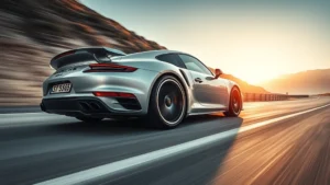Low-angle photography of a sleek Porsche 911 Turbo S in metallic silver, captured mid-acceleration on a mountain road with motion blur, dramatic lighting highlighting aerodynamic curves and performance wheels
