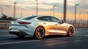 Sleek 2024 luxury sedan in pearl white, photographed from three-quarter angle on modern highway with evening sunlight, premium wheels and aerodynamic design visible, professional automotive photography style