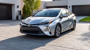 2024 Toyota Prius Prime plug-in hybrid sedan, silver metallic, three-quarter front view, charging port visible, modern driveway setting, daytime photography, professional automotive styling