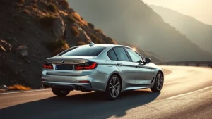 Sleek silver BMW 3 Series sedan photographed from three-quarter angle on a winding mountain road, dramatic lighting, professional automotive photography, modern luxury sport sedan