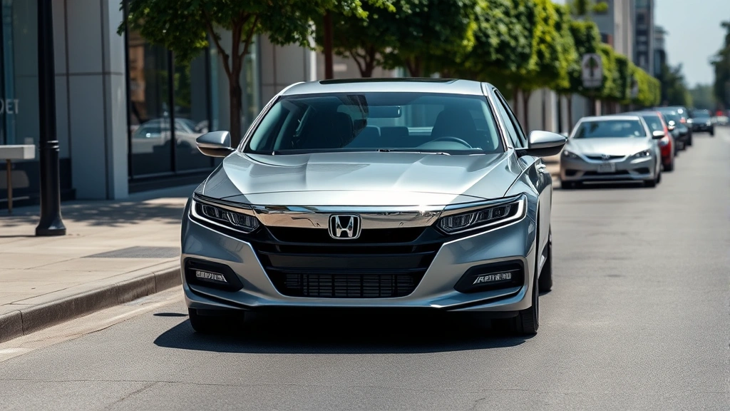 Professional automotive photography of a 2024 Honda Accord sedan in silver, photographed from a three-quarter front angle on a clean modern street, natural daylight, professional lighting setup