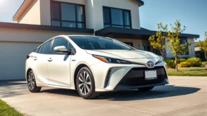 2024 Toyota Prius Prime white sedan three-quarter front view parked in modern driveway with contemporary house background, sunny daylight, professional automotive photography