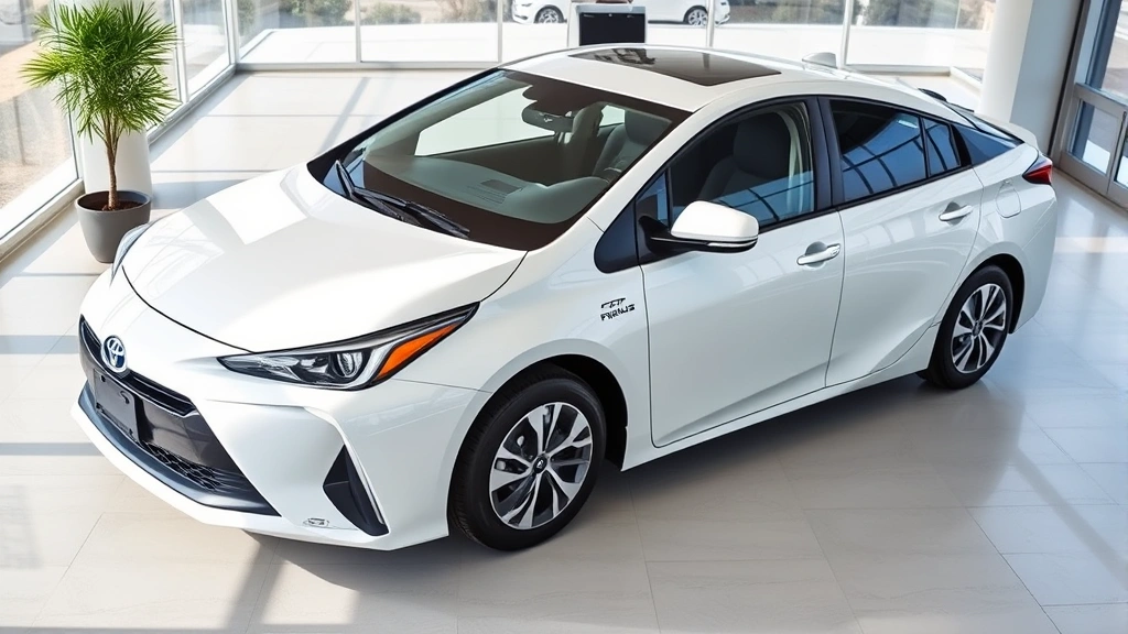 Professional overhead shot of 2024 Toyota Prius Prime in Pearl White Multi-Coat, modern dealership showroom background with natural lighting, clean polished exterior