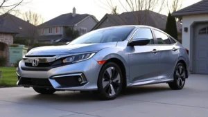 2024 Honda Civic sedan parked in residential driveway, modern compact car, silver metallic paint, morning light, suburban setting