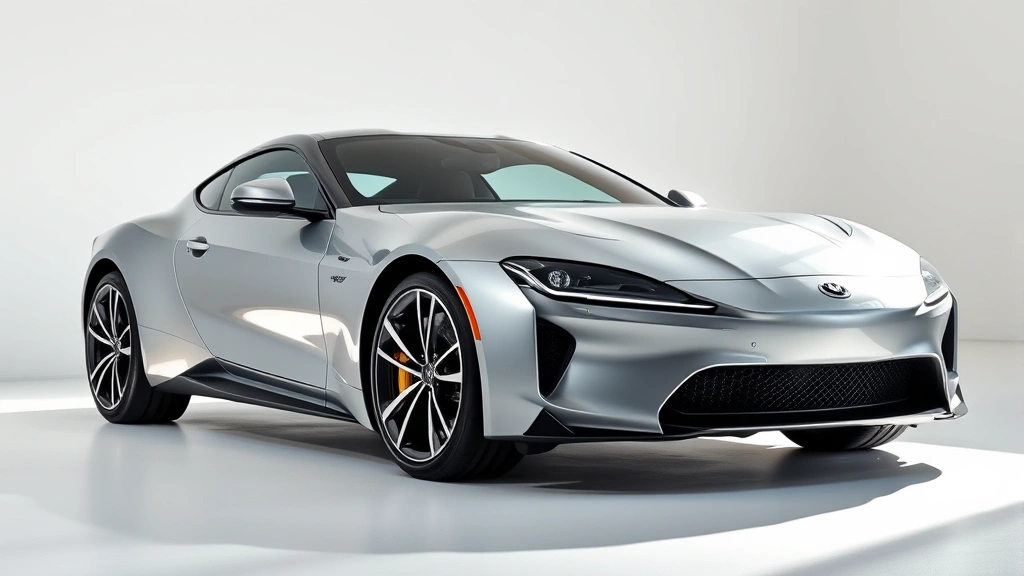 Luxury sports sedan photographed from three-quarter front angle, metallic paint catching sunlight, professional studio lighting, sleek aerodynamic design, premium wheels visible, clean automotive showcase