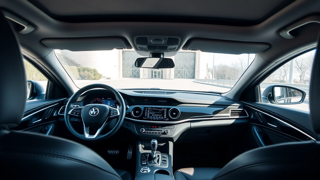 Modern sedan interior dashboard showing digital display and steering wheel, premium leather seats visible, natural sunlight streaming through windows, clean minimalist design