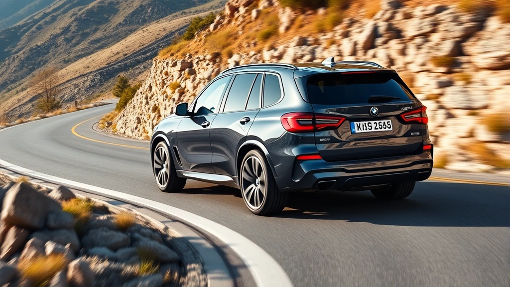 High-performance BMW X5 M SUV accelerating on winding mountain road, dynamic action shot showcasing athletic stance and premium wheel design, professional motorsport photography