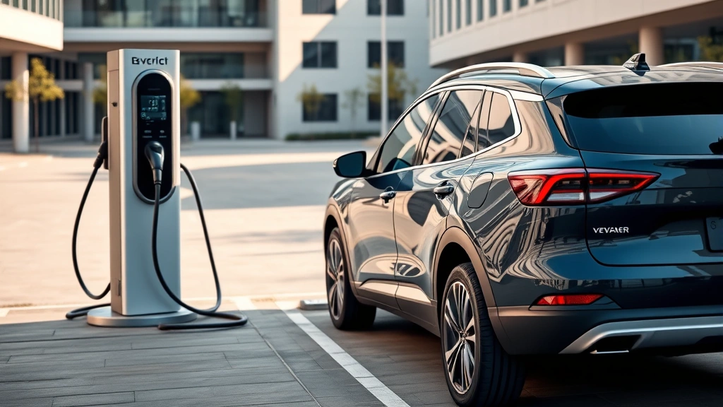 Electric vehicle charging at modern charging station, sleek crossover SUV in contemporary design, urban setting with architecture, daylight, emphasizing EV technology and sustainability themes
