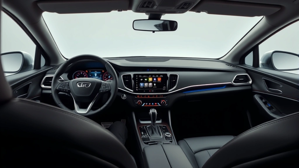 Modern sedan interior dashboard featuring touchscreen infotainment system, steering wheel, leather seats, and ambient lighting in contemporary design