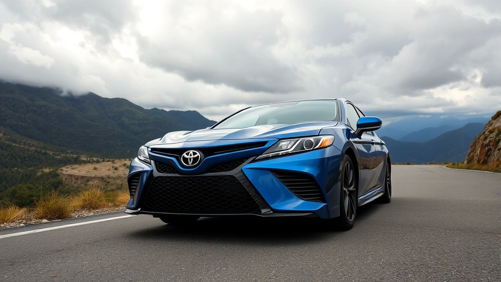 Toyota Camry TRD in metallic blue with aggressive front grille design, photographed from three-quarter view on winding mountain road with dramatic cloudy sky overhead
