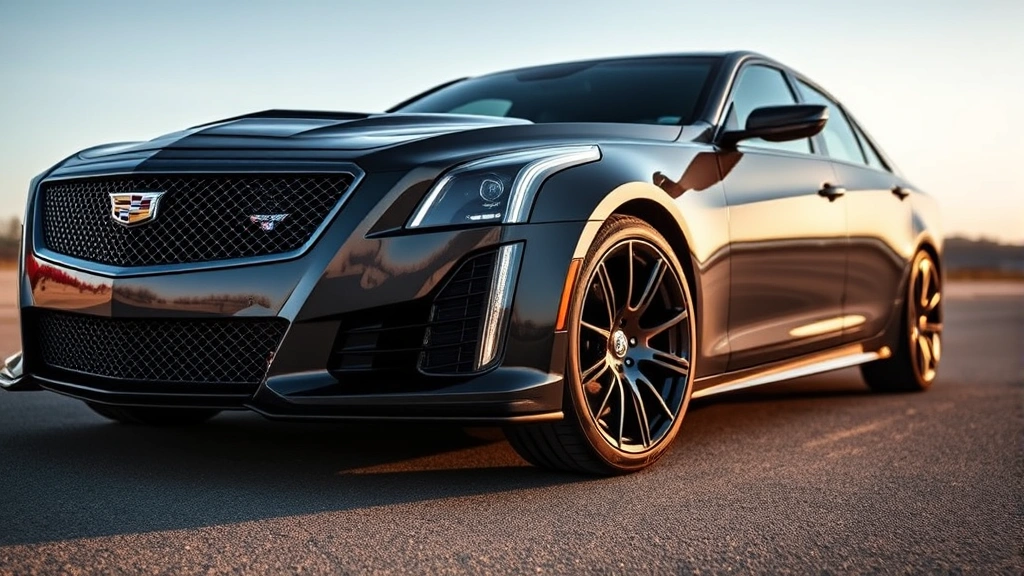 High-performance sedan comparison showing Cadillac CT5-V Blackwing in metallic dark color, aggressive stance, low-angle front three-quarter view, muscular body lines, professional automotive photography
