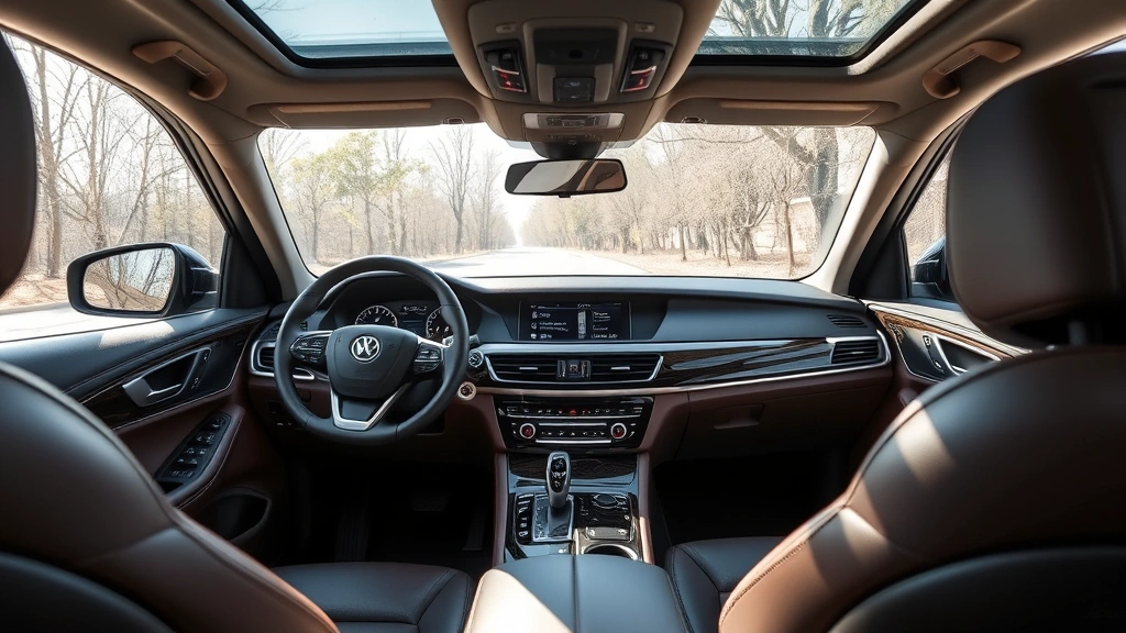 Premium SUV interior dashboard showing advanced technology, climate controls, and comfortable leather seating with natural sunlight streaming through windows