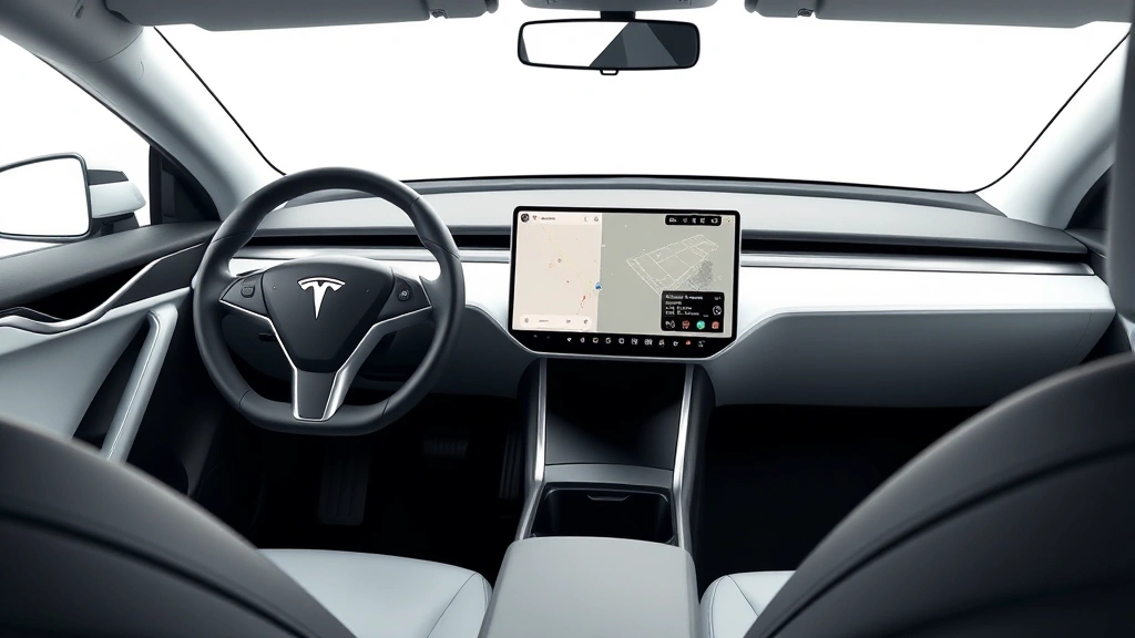 Electric Tesla Model S interior dashboard view showing minimalist design, touchscreen interface, premium cabin materials, modern EV technology, clean composition