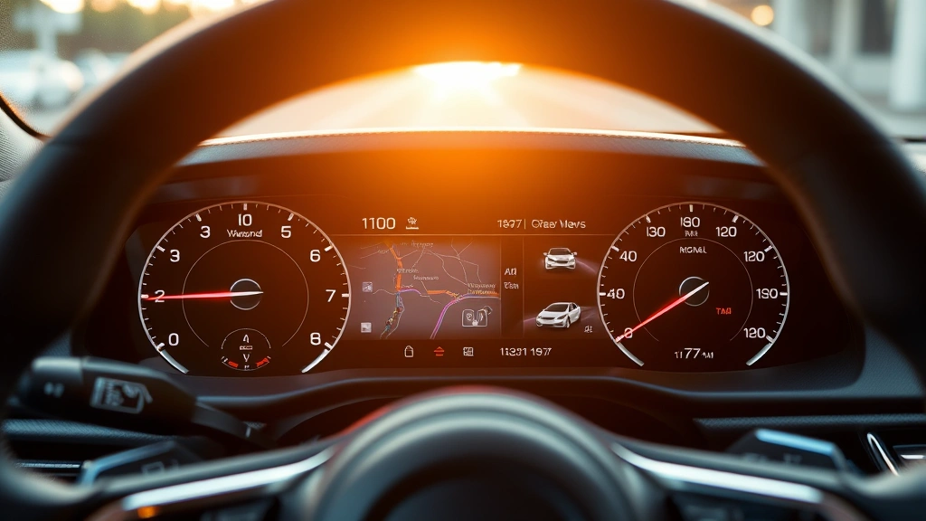 Detailed close-up of modern vehicle dashboard showing digital instrument cluster and touchscreen infotainment system with navigation display active