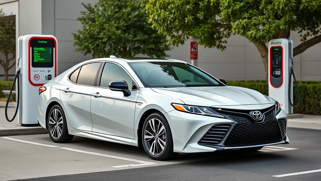 2024 Toyota Camry hybrid sedan parked at modern charging station, sleek design profile, efficient technology representation, contemporary automotive styling