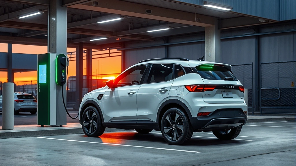 Compact electric SUV charging at modern station, contemporary charging infrastructure, sunset lighting, minimalist industrial surroundings, clean aesthetic