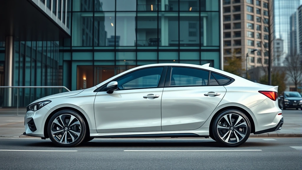 Side profile of modern 2024 sedan parked in urban downtown environment with contemporary glass and steel architecture, professional automotive photography style