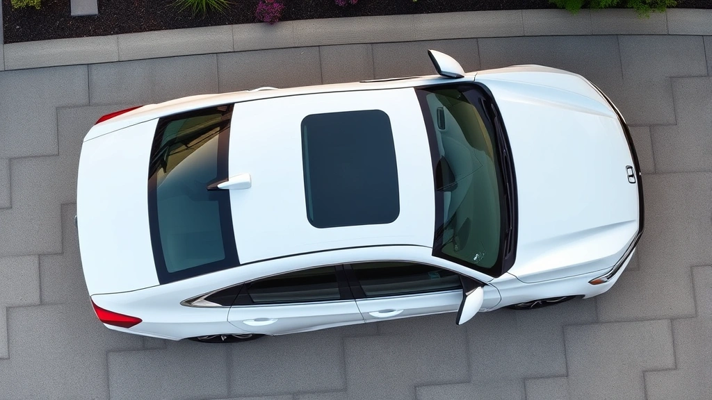 Honda Accord 2024 in pearl white, photographed from above at three-quarter angle showing roofline and body proportions, parked in contemporary driveway with landscaping visible
