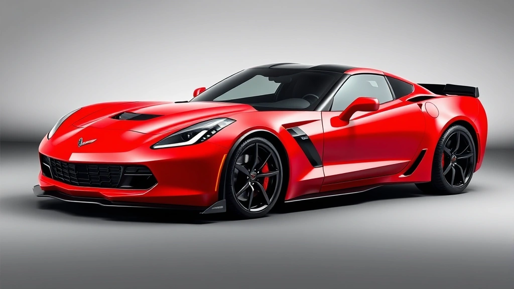 Chevrolet Corvette Z06 mid-engine sports car in striking red, dynamic side profile emphasizing aerodynamic curves and aggressive styling, professional automotive photography on smooth background