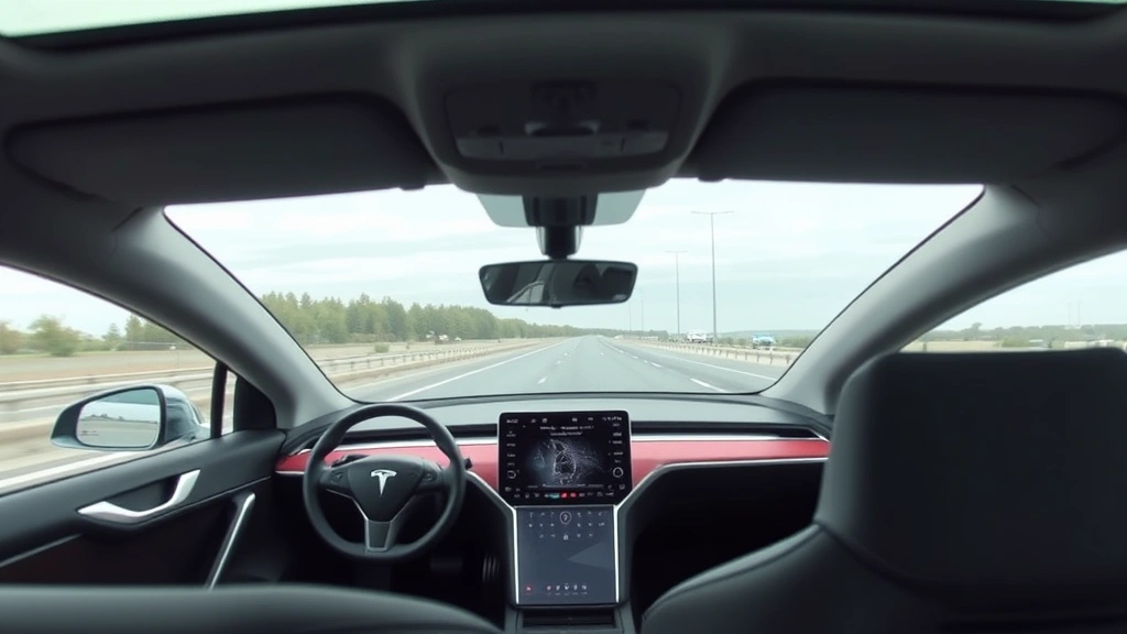 Tesla Model S Plaid electric sedan on highway with minimalist dashboard visible through windshield, modern aerodynamic profile emphasized