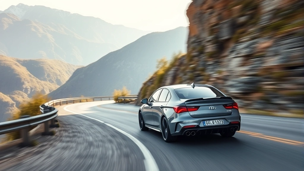 Mid-size sport sedan on winding mountain road with dynamic motion blur, showcasing handling capabilities and aggressive stance, natural landscape background
