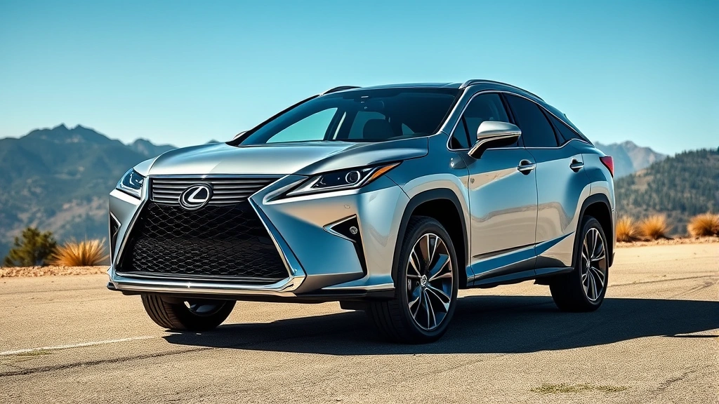 Luxury silver Lexus RX 500h three-quarter view in bright daylight with mountains visible in background, displaying premium design elements and confident stance