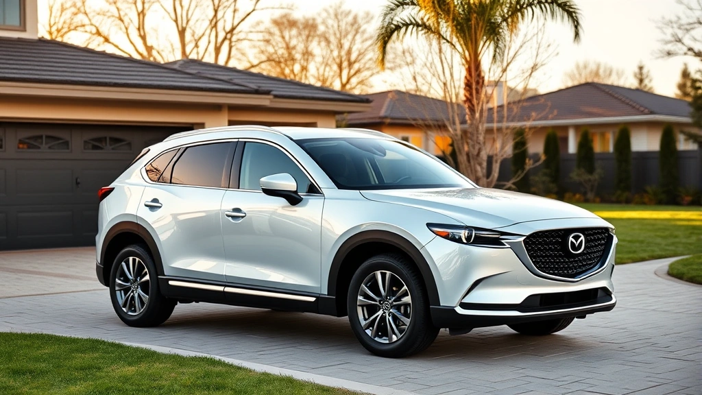2024 Mazda CX-90 PHEV three-row family SUV parked in modern suburban driveway, daylight, pristine condition, showing profile and front quarter, clean professional lighting