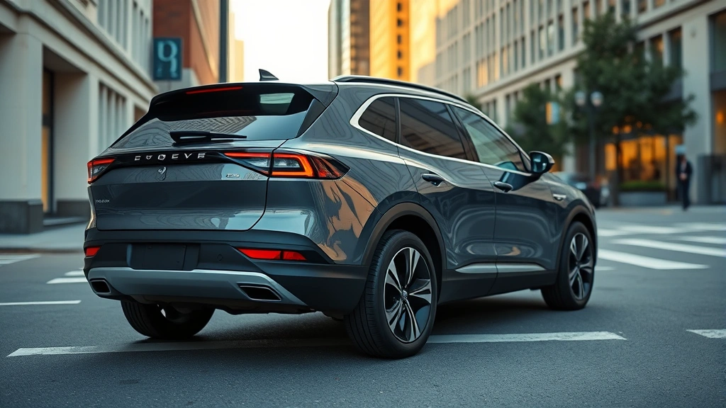 Sleek electric crossover SUV photographed from three-quarter angle on contemporary city street, natural daylight, premium automotive detail, clean composition without signage