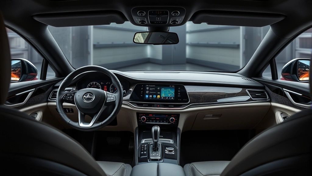 Modern sedan interior dashboard featuring premium materials, digital displays, advanced control interfaces, and contemporary luxury design elements
