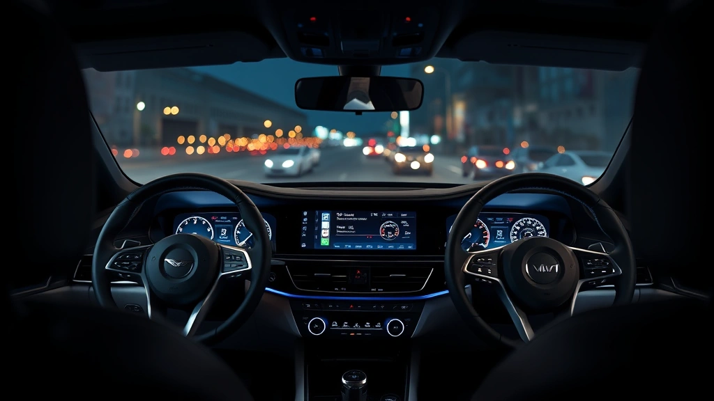 2024 midsize sedan interior dashboard, modern infotainment screen, premium steering wheel, ambient cabin lighting, close-up detail shot