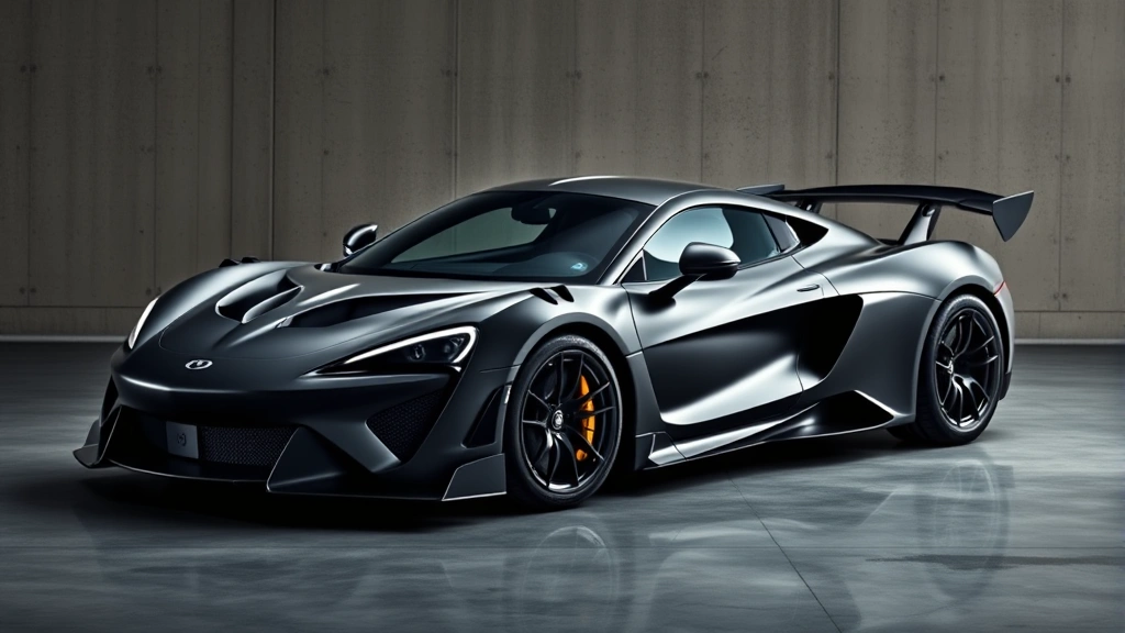 High-performance sports car mid-engine supercar photographed from three-quarter angle on smooth concrete surface, aggressive aerodynamic design, matte finish paint, professional automotive studio lighting