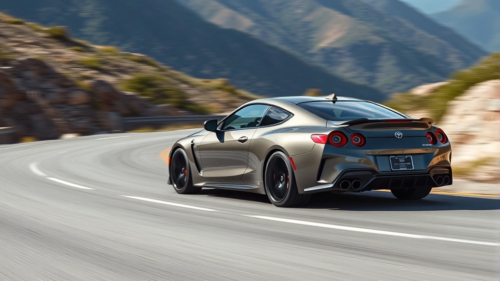 High-performance sports sedan in motion on curving mountain road with dynamic handling, showing responsive suspension and athletic stance, blurred landscape background emphasizing speed and control