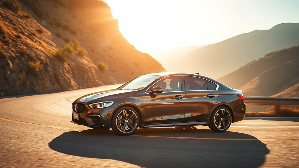 High-performance midsize sedan on winding mountain road, dynamic driving angle, afternoon sunlight highlighting sculpted body lines and alloy wheels