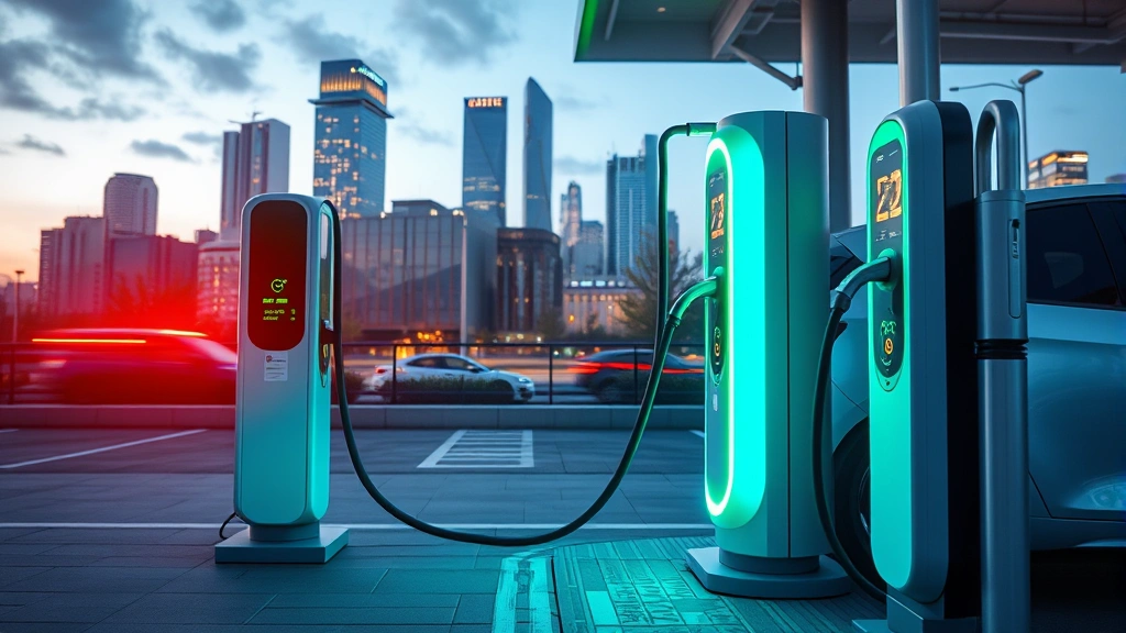 Modern electric vehicle charging at fast-charging station with cityscape background, contemporary EV infrastructure scene