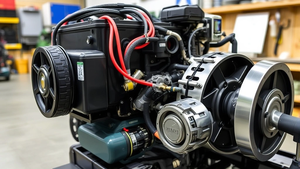 Close-up of hybrid battery pack and electric motor components displayed in workshop, showing technical engineering details and regenerative braking system