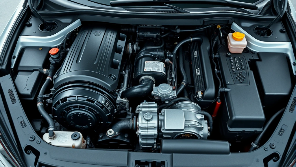 Modern hybrid car engine bay showing electric motor components alongside traditional gasoline engine, technical detail shot with studio lighting