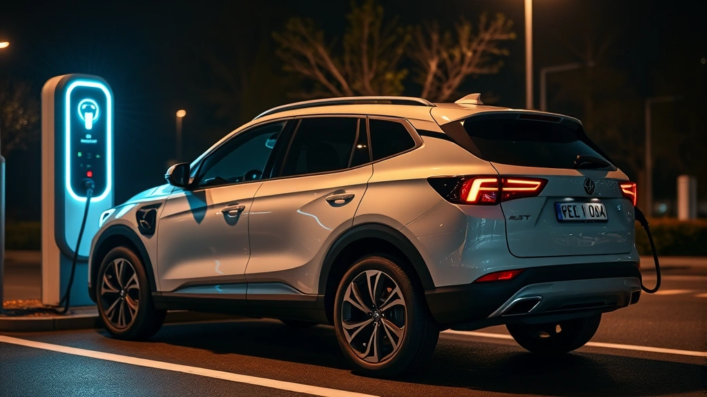 Electric vehicle charging station nighttime illuminated modern crossover SUV plugged in battery charging