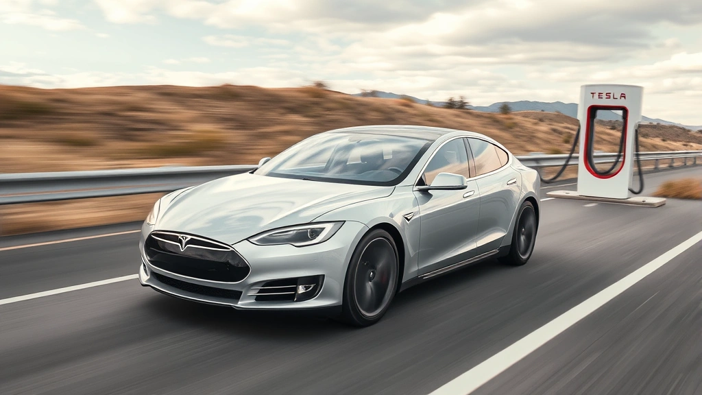 Tesla Model S Plaid electric performance vehicle accelerating on open highway, dynamic motion blur background, modern charging station visible, sleek silver finish