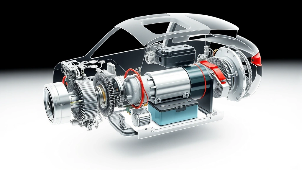 Cutaway technical illustration showing hybrid powertrain components including electric motor, gasoline engine, and battery system integrated together, clean professional engineering visualization