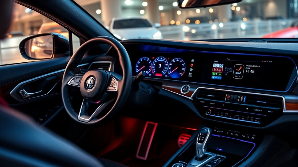 High-performance sedan interior dashboard featuring dual digital displays, leather steering wheel, ambient lighting, and modern infotainment controls in luxury environment