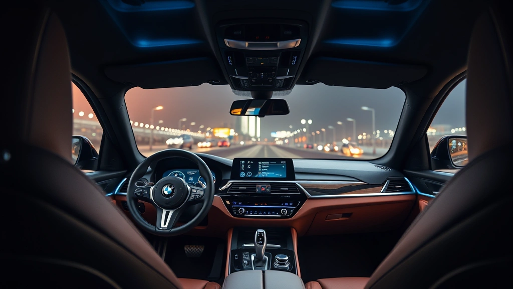 Interior cabin view of premium 2024 BMW 3 Series showing leather-wrapped steering wheel, digital dashboard display, and ambient lighting with modern luxury aesthetic