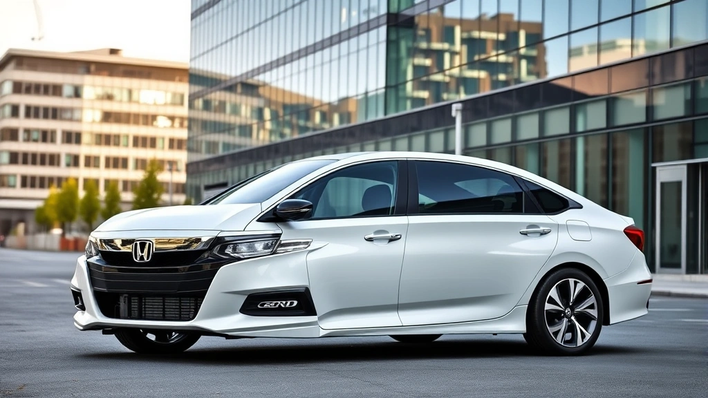 Honda Accord in pearl white parked in modern urban setting with glass buildings, side profile showing elegant body lines, natural daylight photography, professional automotive presentation