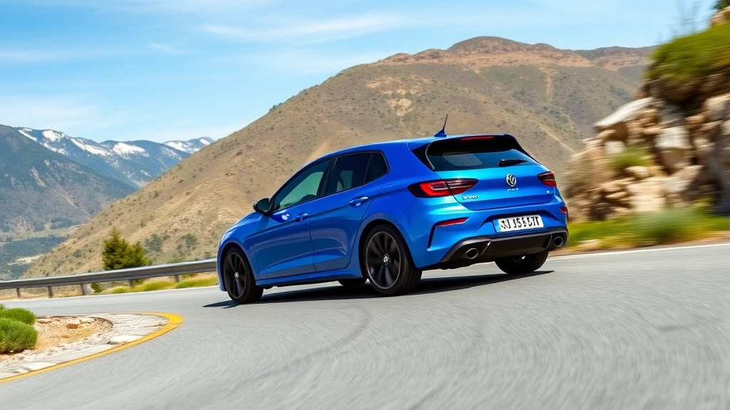 Compact sport sedan in blue executing dynamic cornering maneuver on mountain road, showing suspension articulation and road grip, clear skies background
