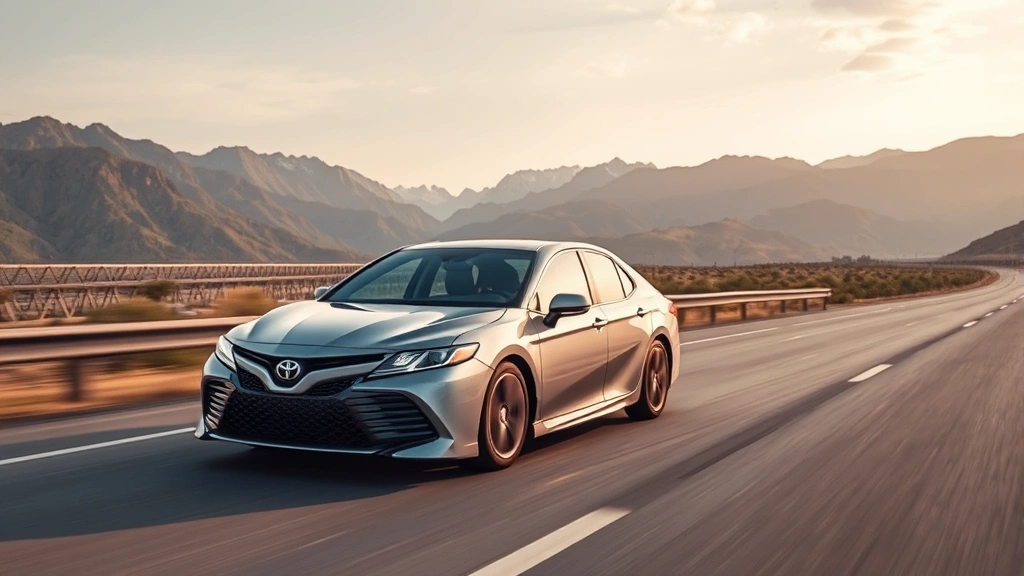 2024 Toyota Camry hybrid sedan driving on open highway with mountains in background, dynamic motion shot, afternoon lighting, professional automotive photography