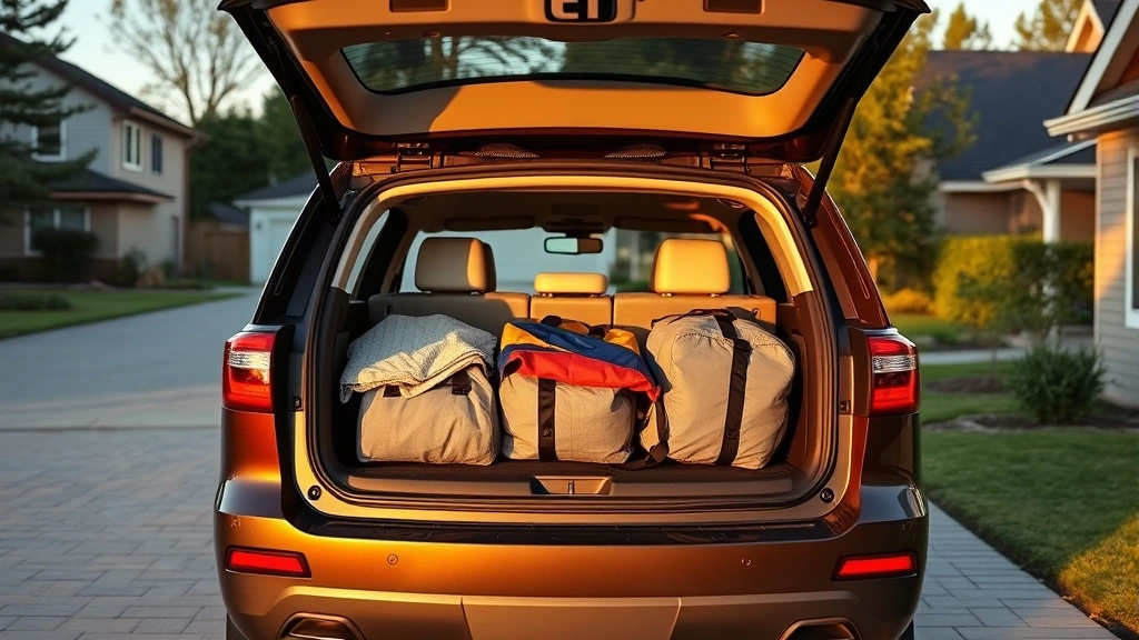 Three-row SUV parked in suburban driveway with trunk open displaying spacious cargo area, showing practical family loading scenario, late afternoon golden hour lighting, residential neighborhood background