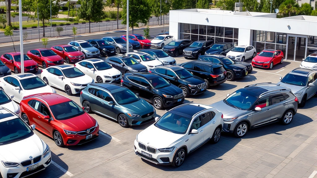Multiple vehicle models displayed in outdoor automotive facility, diverse sedan and SUV lineup, clear daylight, modern parking area, showcasing variety of vehicle types and sizes